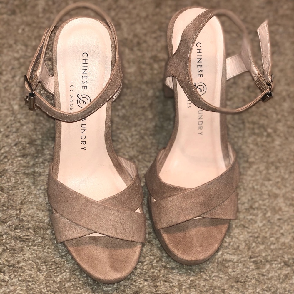 Tan velvet high heels